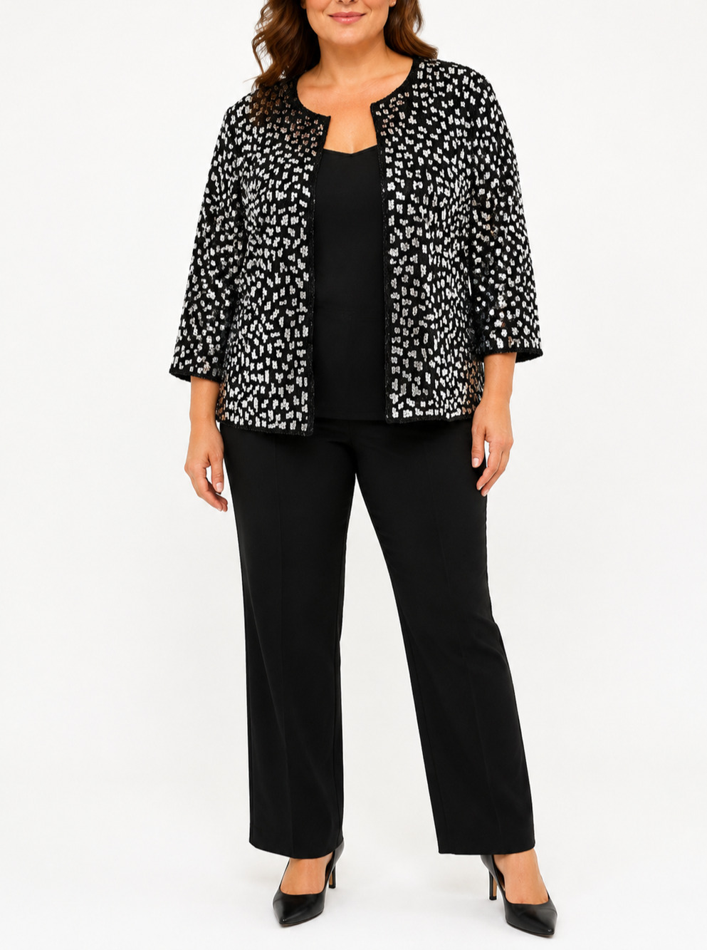 Vintage Stenay Woman Silk Sequin  Blazer Black White XL Relaxed  Evening 90s